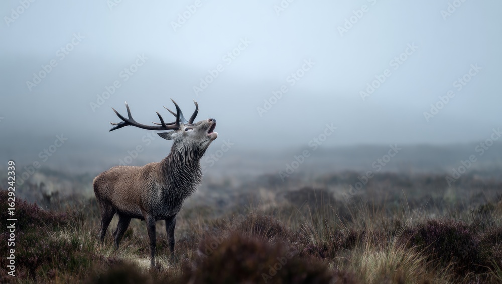 Obraz premium Majestic Red Stag Bellowing its Primal Call on a Foggy Moorland