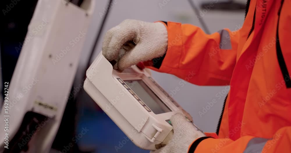 Close up of handheld robot controller with visible buttons and screen ...