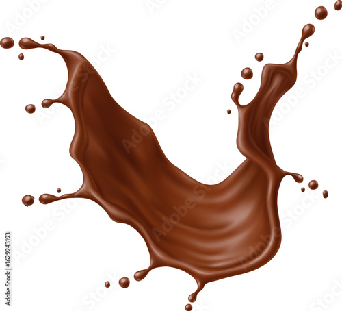 Chocolate splash and flow waves. Realistic 3D render of a smooth, glossy chocolate splash mid air. Isolated fluid motion and texture of sweet dessert emphasize indulgence for the confectionery ads