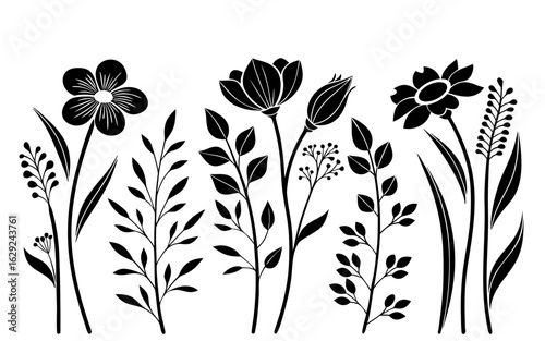 Black silhouette floral elements and leaves on white background 2