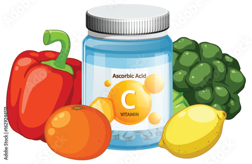 Vitamin C Supplement Bottle with Fresh Fruits and Vegetables