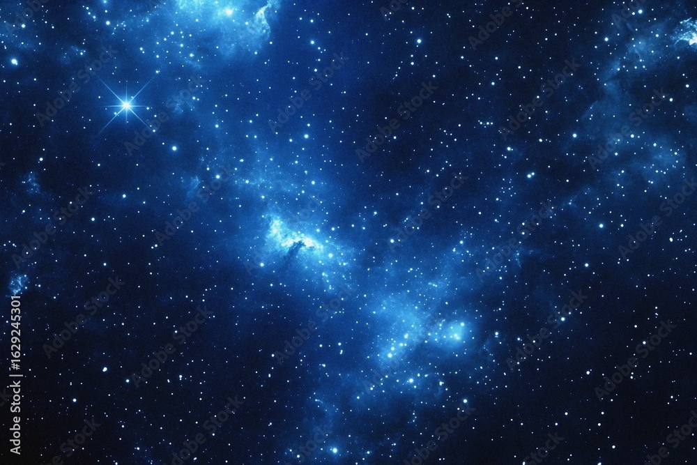 Fototapeta premium Starry sky background, blue night sky full of stars, glowing stars in the dark space, starry background, dark night, stars in the distance, starlight, dark background with a blue glow, night sky.