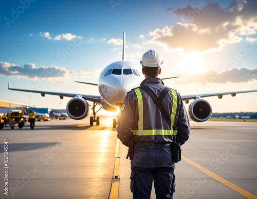 A worker in safety gear faces a large passenger plane at sunset on an airfield