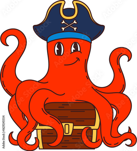 Cartoon funny octopus animal pirate and corsair character. Isolated vector groovy kraken captain retro y2k personage guarding treasure chest with a loot, engaged in nautical adventure on the high seas