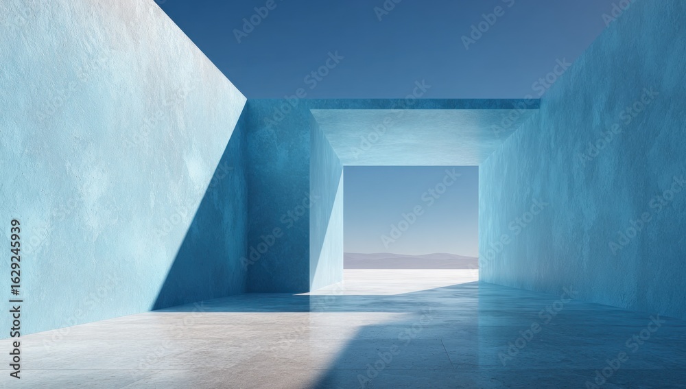Obraz premium Minimalist Blue Architectural Interior with Dramatic Light and Shadow Play