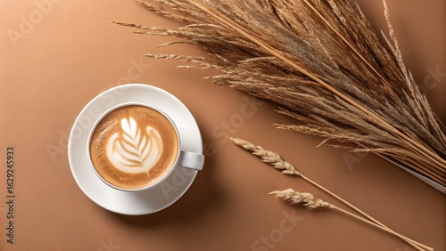 Cup of latte coffee with dried wheat on brown background