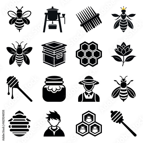 Collection of stylized black and white icons representing beekeeping and honey production elements