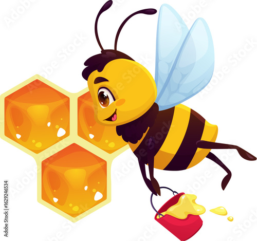 Cartoon funny cute bee worker character flying to beehive cells with joyful face, holding a bucket filled with honey. Vector funny hardworking insect exudes spring pollination, apiary or garden vibes