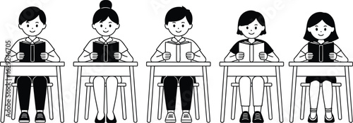Five students sitting at desks reading books children