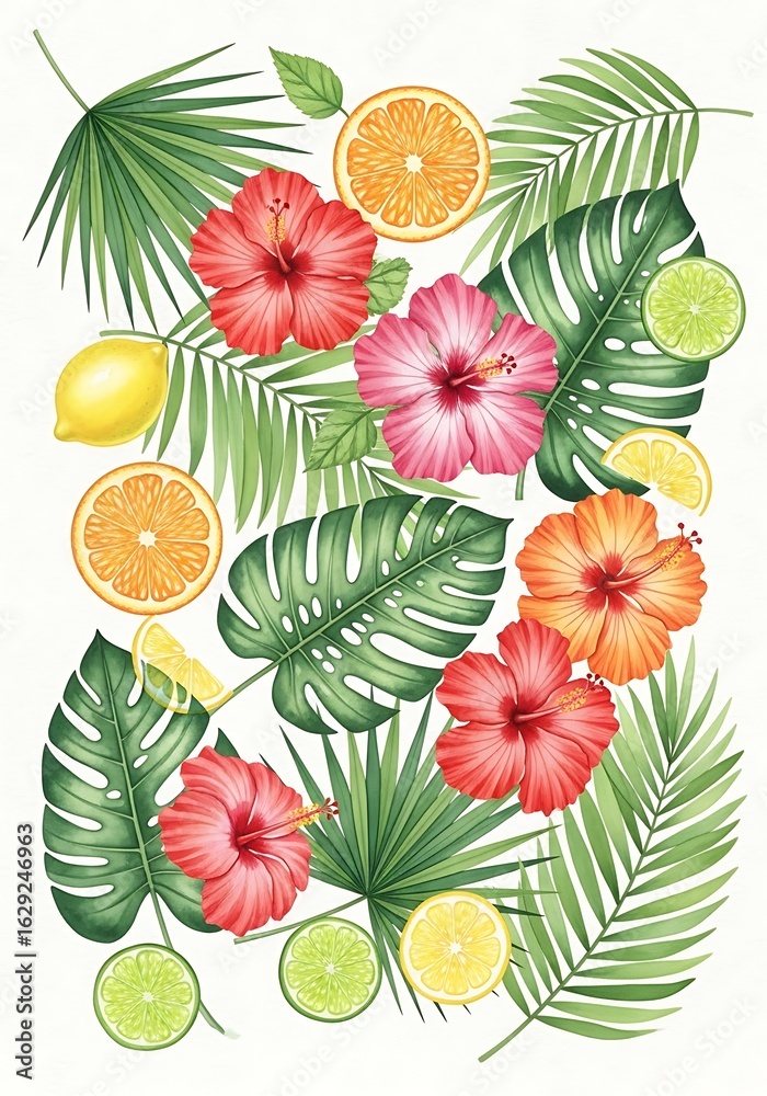Naklejka premium Vibrant tropical arrangement showcasing hibiscus blooms and an array of citrus fruits amidst palm