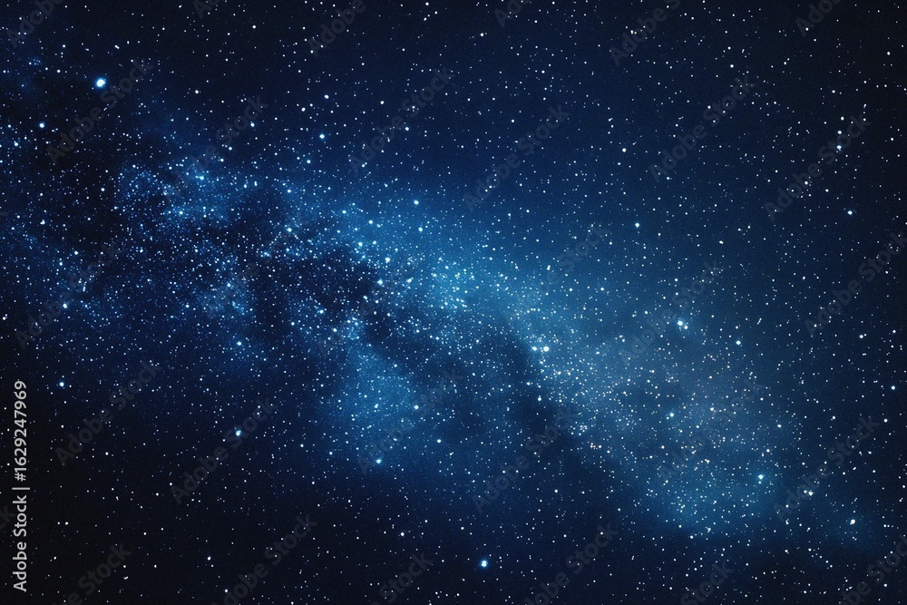 Fototapeta premium Starry sky background, blue night sky full of stars, glowing stars in the dark space, starry background, dark night, stars in the distance, starlight, dark background with a blue glow, night sky. 