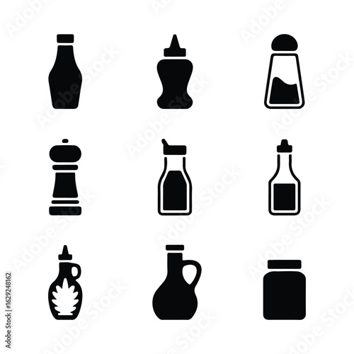 Collection of black kitchen condiment and sauce bottles and shakers vector