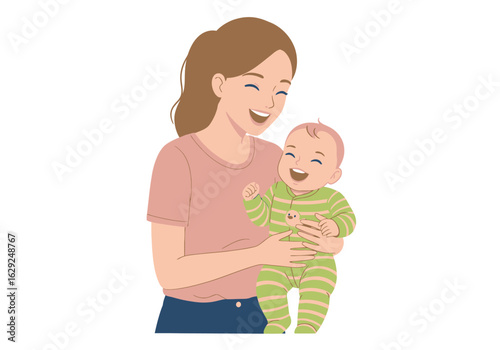 Happy Mother Holding Her Smiling Baby in Striped Green Pajamas.
