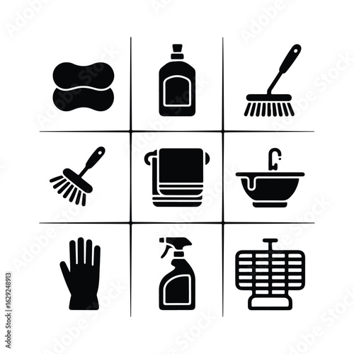 Black Cleaning Supplies Icons Grid With Sponge Bottle Brush Gloves Sink Towel Sprayer hygiene sanitation