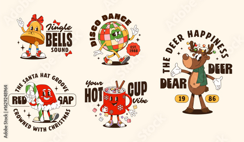 Funny Christmas groovy characters t shirt print and posters evoke cheerful holiday vibe. Cartoon vector cute Xmas bell, disco ball, reindeer, hot cocoa mug and Santa hat personages with retro fun text