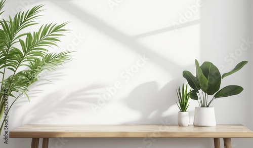 Minimalist wooden table with green plants on white wall background, clean empty center space for product display template or interior design mockup concept