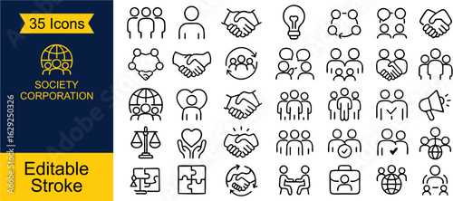 Set of 35 Minimal Society & Communication Icons – Perfect for social, networking, and community themes. Includes chat, people, meeting, and more. Clean vector style for web, app, and print.

