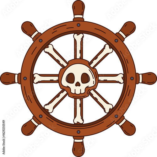 Cartoon groovy ship steering wheel pirate and corsair maritime sailing object. Isolated vector retro wooden boat helm with skull and bones, vintage circular nautical rudder, commands the vessel course