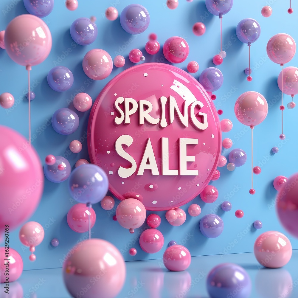 Fototapeta premium Spring Sale Announcement with Pink Purple Balloons