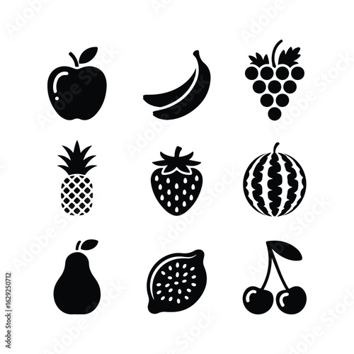 Collection of black fruit icons on white background apple banana grapes pineapple strawberry watermelon lemon cherries