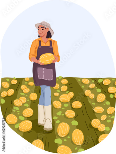 Farmer character in an apron holding ripe melon in field, showcasing rural agricultural lifestyle with outdoor harvest. Cartoon flat vector scene of natural farming, fresh produce,, countryside living