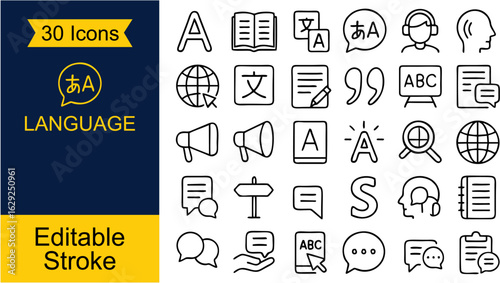 Set of 30 Minimal Language Icons – Perfect for translation, communication, and education themes. Includes speech bubble, alphabet, book, and more. Clean vector style for web, app, and print.


