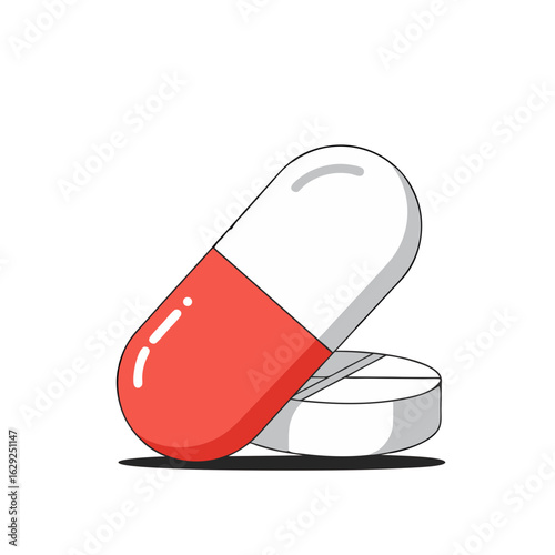 Red and white capsule pill next to white tablet on white background  