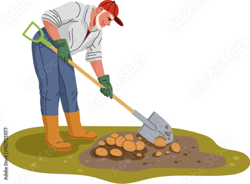 Farmer and gardener character digging potatoes from soil with a shovel, wearing gloves, boots and red cap. Cartoon flat vector male personage showing agricultural labor, harvesting and rural lifestyle