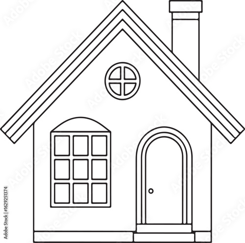Simple house outline with arched doorway and multi pane window building home.eps