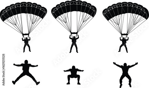 Black Silhouettes of Parachutists in Landing Stages, Extreme Sport Vector for Training, Skydiving Action, Adventure, Motion Pose Illustration