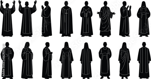 Ceremonial religious robe silhouettes, prayer and blessing poses, spiritual figure illustration, cultural attire reference, sacred garments for faith studies