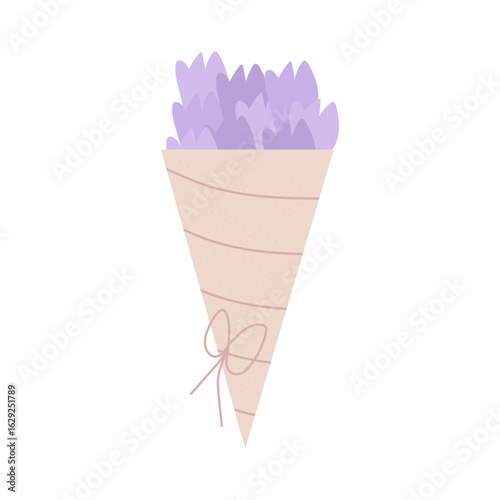 Bouquet of flowers. Composition of tulips, fresh botanical plants collected in a bouquet in a package with a rope bow. Floristic solution for congratulations and a gift. Vector.