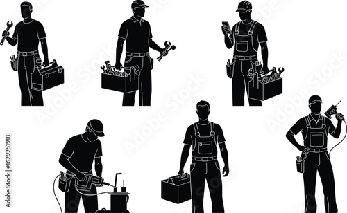 Manual workers holding tools, silhouette style, hammer, drill, wrench, toolbox, labor poses, work roles, job equipment, maintenance theme, construction, standing figures, repair concept