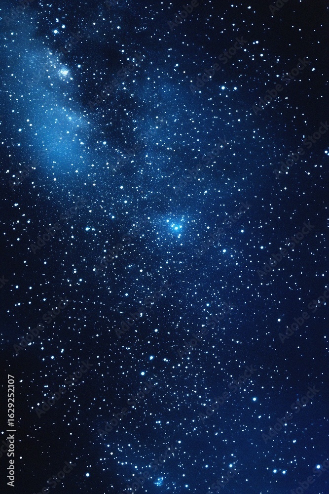 Fototapeta premium Starry sky background, blue night sky full of stars, glowing stars in the dark space, starry background, dark night, stars in the distance, starlight, dark background with a blue glow, night sky. 