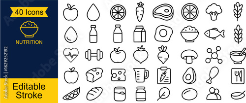 Set of 40 Minimal Nutrition Icons – Perfect for health, diet, and wellness themes. Includes fruits, vegetables, proteins, vitamins, and more. Clean vector style for web, app, and print.

