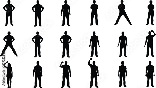 Silhouette collection of diverse people in standing and saluting poses, isolated on white background, human body gestures and movements illustration