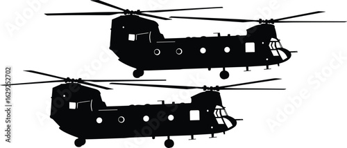 Silhouettes of Chinook helicopters with tandem rotors, military transport aircraft, landing gear, troop carrier, side view aviation design layout