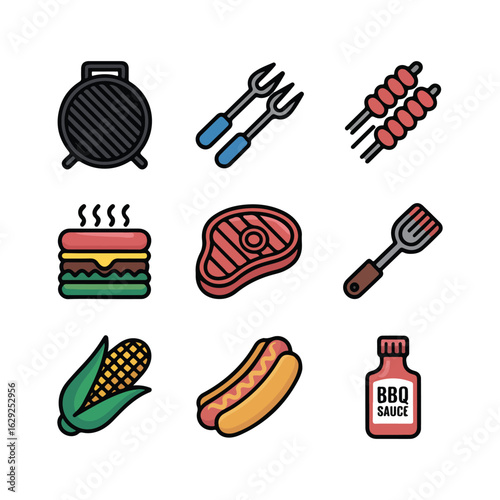 Barbecue grill hamburger steak hot dog corn and sauce icons vector
