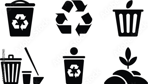 Collection of recycling and trash bin icons garbage