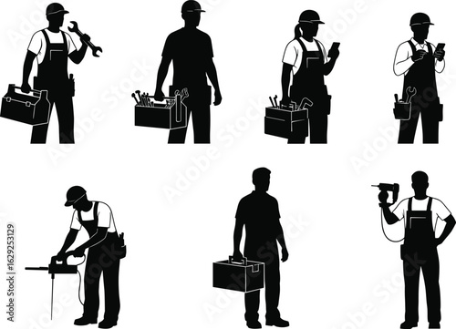 Silhouettes of manual workers holding tools, performing tasks, showcasing labor diversity, occupation concepts, construction gear, teamwork, wrench, drill, technology, job roles