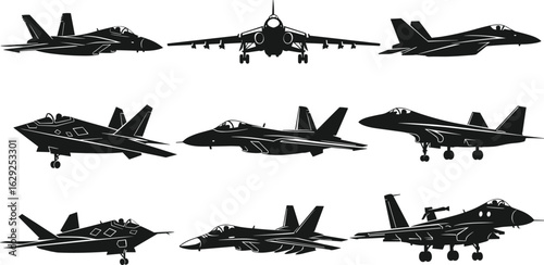Silhouettes of nine different fighter jets, showcasing various wing styles, angles, designs, landing gear, military aircraft identification comparison layout