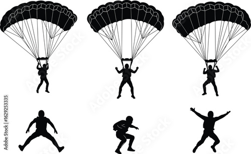 Silhouettes of Parachutists in Midair and Landing Poses, Skydiving Illustration for Training, Extreme Sports, Adventure Design, Vector Art