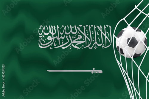Saudi Arabia 3D waving flag with football and net. Ideal for Islamic patriotic designs, sports tournaments, digital campaigns, and World Cup-themed social media content.