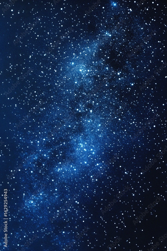 Fototapeta premium Starry sky background, blue night sky full of stars, glowing stars in the dark space, starry background, dark night, stars in the distance, starlight, dark background with a blue glow, night sky. 