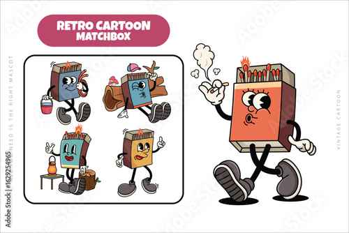 Set of Traditional Matchbox Cartoon Illustration with Varied Poses and Expressions