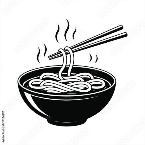 Udon sketch style black and white color vector illustration with bowl