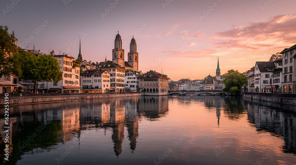 Fototapeta premium Zürcher Altstadt bei Sonnenaufgang mit Blick auf die Limmat 