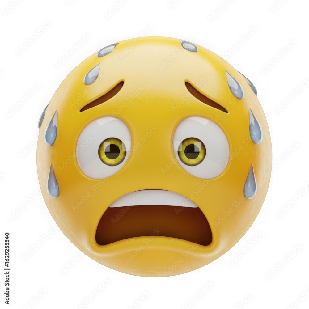 Fototapeta premium A scared emoji face with sweat drops and wide eyes isolated on transparent background