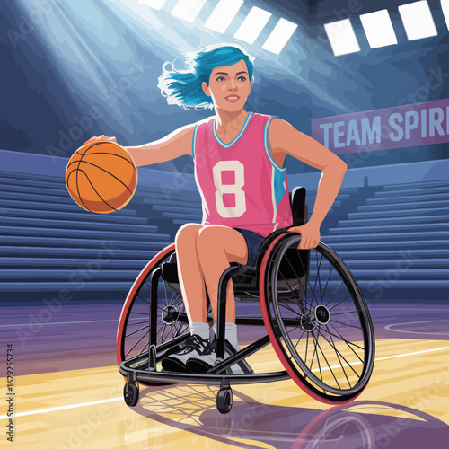 A young girl in a wheelchair energetically dribbles a basketball on the court, showcasing her skill, determination, and excitement for the game amidst vibrant surroundings.
