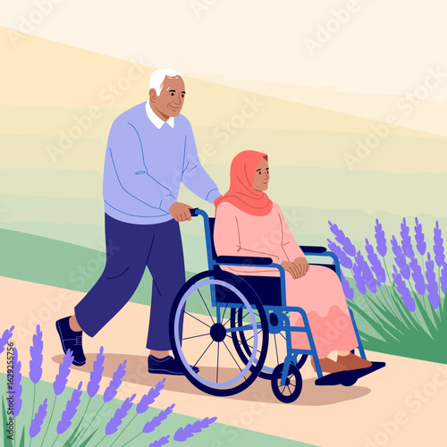 An elderly man pushing a woman in a wheelchair through a beautiful outdoor pathway surrounded by lavender, reflecting love and companionship in their golden years.